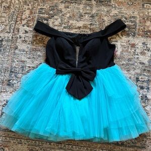 Ashley Lauren Black and Aqua Off-Shoulder Dress with Bow